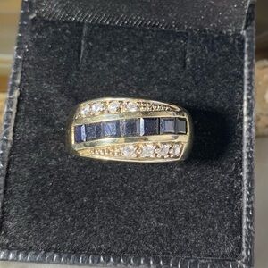 Gold Ring with Blue Sapphire-Style Stones and Clear Accents